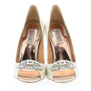 Badgley Mischka Sansa II Peep Toe Pump Women 7.5 Ivory Good Crystal‎ Satin Heel
